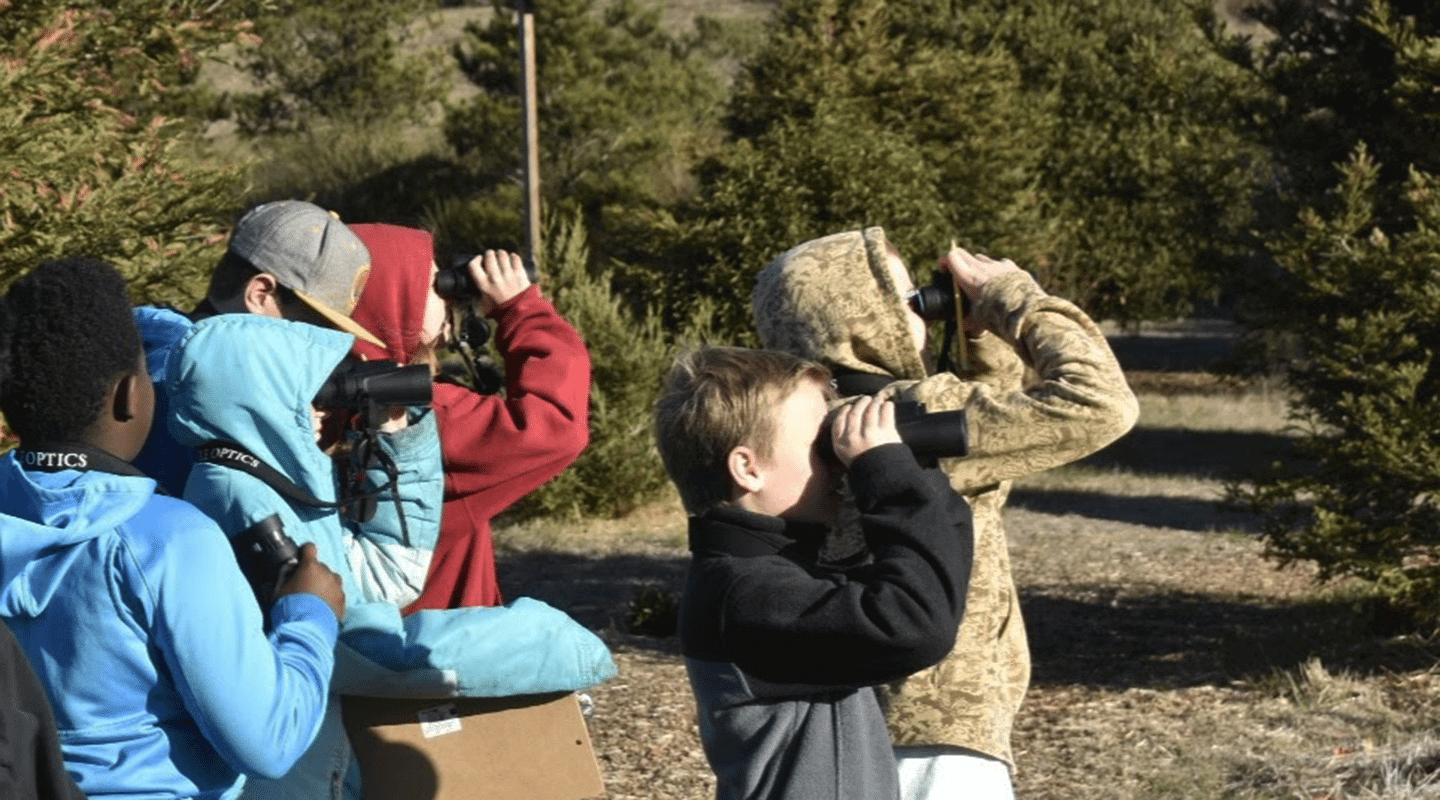 Students using binoculars to learn about birds