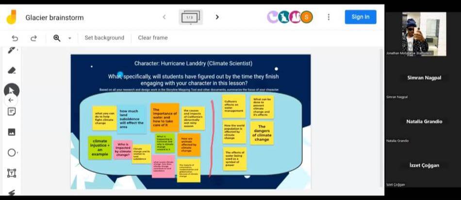 Zoom screenshot with a jamboard titled “Character: Hurricane Landdry (Climate Scientist)” and the question “What, specifically, will students have figured out by the time they finish engaging with your character in this lesson?”