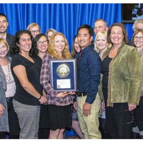 Courtesy of Terry Chau
Alameda Science and Technology Institute Principal Tracy Corbally, center
left, stands with former and current teachers and administrators with the
National Blue Ribbon Schools award. Others include Superintendent Sean
McPhetridge, right, former school board member Margie Sherratt, second from
left, and teacher Todd Higashi, center right.